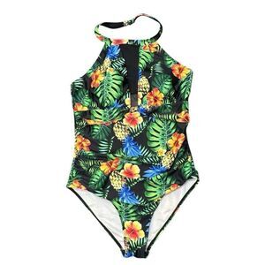 B2prity Hawaiian Sz L Swimsuit One Piece Swim High Neck Monstera Hibiscus Pineap